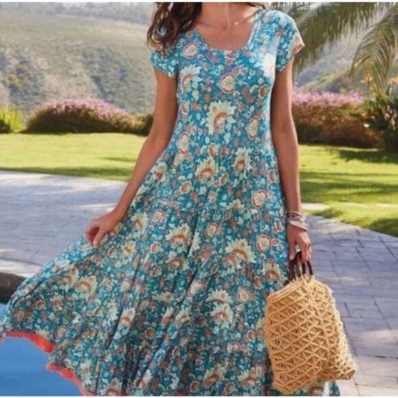 Soft Surroundings Sz XS Kara Floral Maxi Dress in Fiery Teal Blue Jacobean - Picture 1 of 13